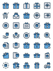 Filled blue outline icons set for Gift box, present, surprise.