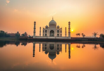 Majestic Taj Mahal at sunrise, reflecting in the Yamuna River, beautiful,  photography