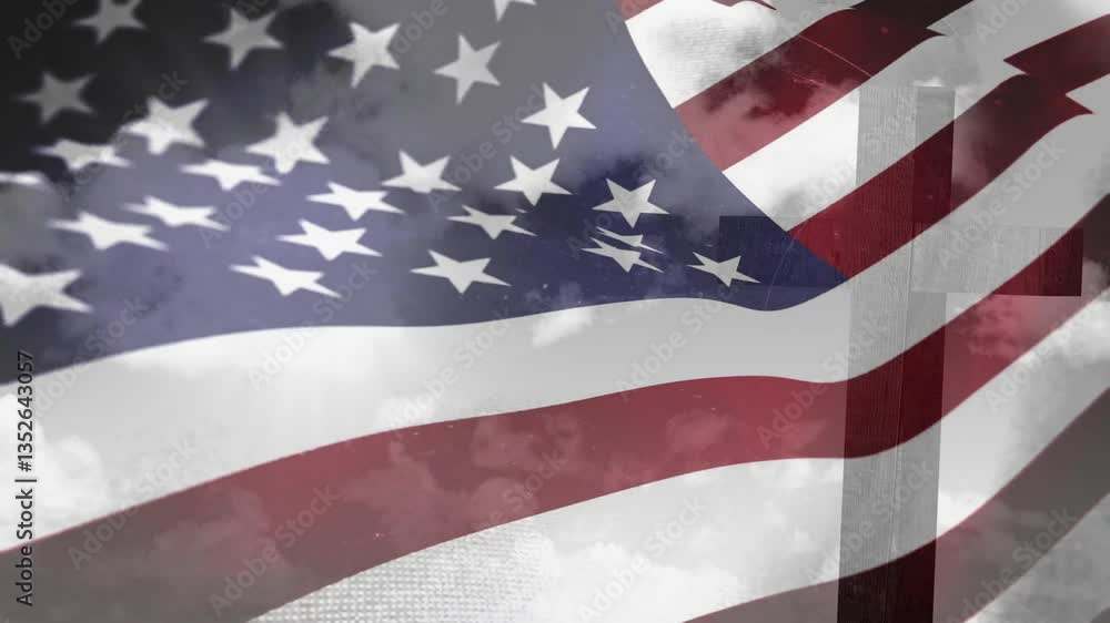 Poster waving american flag with animation showing cloudy sky through transparent sections