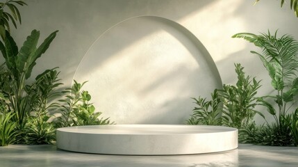 Minimalist white pedestal, tropical plants, sunlight, product display, interior design