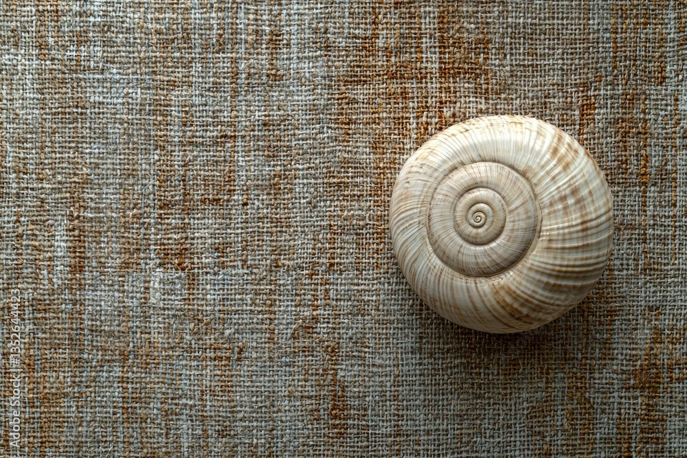 Poster a spiral snail shell rests on a rustic, textured burlap background.