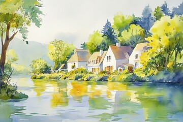 Picturesque watercolor painting of quaint houses next to a river