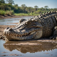 Obraz premium Crocodile Sunbathing on a Riverbank. Crocodile in the water.a close up of a crocodile laying on the ground with its mouth open crocodile basking on a riverbank
