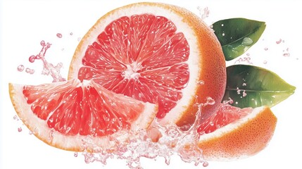 Juicy grapefruit slices with water splash and green leaves on a white background.