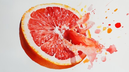 A vibrant grapefruit slice with juice splashing against a white background.