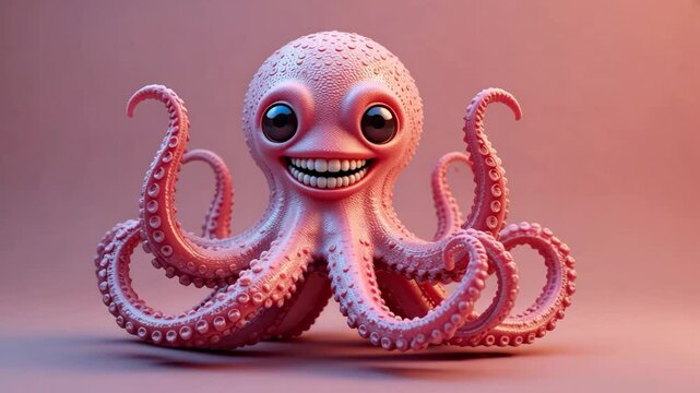 Smiling Pink Octopus Cartoon Character with Big Eyes in a Studio with a Gradient Background
