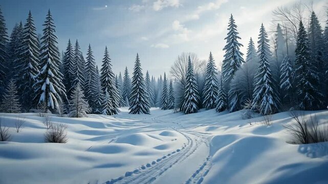 Snow Covered Evergreen Forest with Ski Tracks Under Bright Blue Sky and Sunlight Winter Scenery