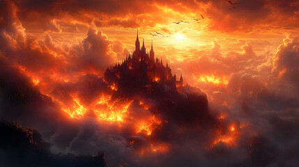 Majestic castle engulfed in flames against a dramatic sunset, with swirling clouds and distant birds