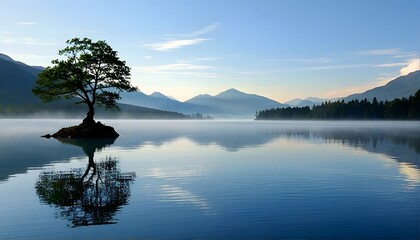 A serene landscape featuring a small island with a tree in the middle of a lake, surrounded by misty mountains.