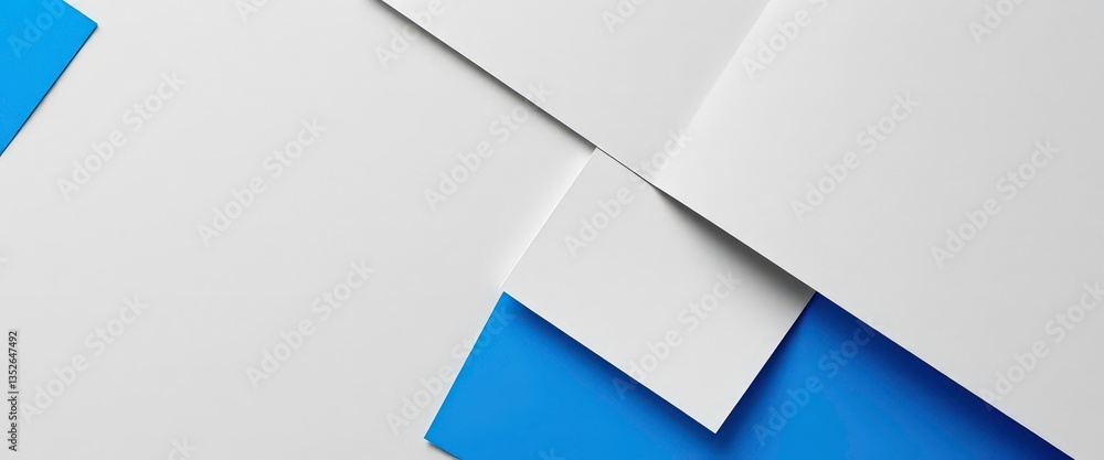 Poster overlapping gray and blue paper sheets form abstract geometric shapes, providing ample copy space, t