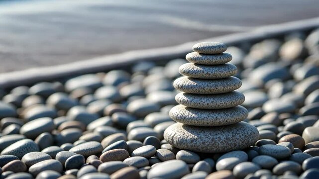 Stone Stacked On Grey Pebbles At The Beach Creating A Sense Of Balance With Focus On The Sea Background