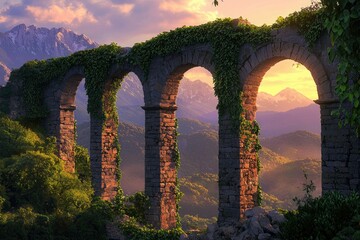 Ancient stone archway, overgrown with ivy, frames a breathtaking sunset view over majestic mountains.