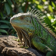 Fototapeta premium iguana on a tree An iguana basking on a sunlit rock in a vibrant rainforest. Majestic iguana resting on a branch with vibrant green foliage in a lush environment