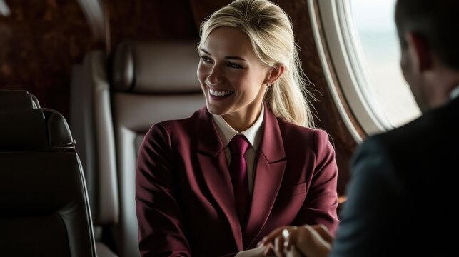 Professional Woman in Formal Attire Smiling Inside Private Jet