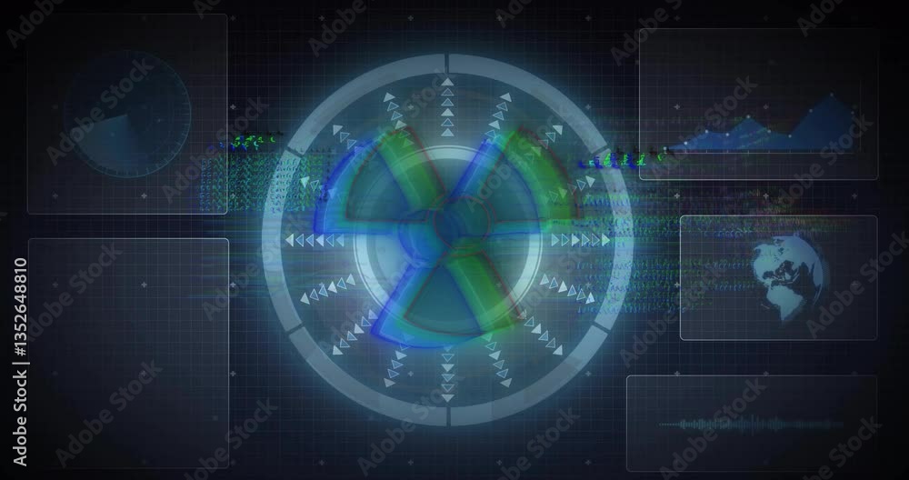 Poster animation of futuristic digital interface with rotating elements in school setting