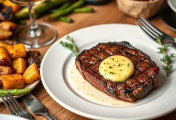 Perfectly seared steak, herb butter, roasted vegetables, fine dining, dinnerware, herb butter