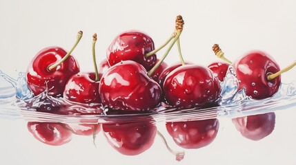 A group of fresh red cherries splashing in clear water, reflecting beautifully.