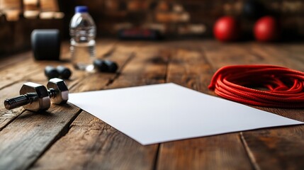 Fitness Equipment on Rustic Wood Surface with Blank Paper ready to Workout