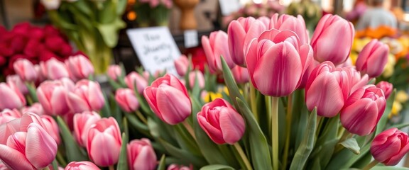 Fototapeta premium Pink tulip bouquet at flower market stall, spring blooms, floral, bloom