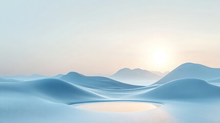 Snowy landscape, sunrise, serene, tranquil, minimalist, digital art,  still water, peaceful mountains