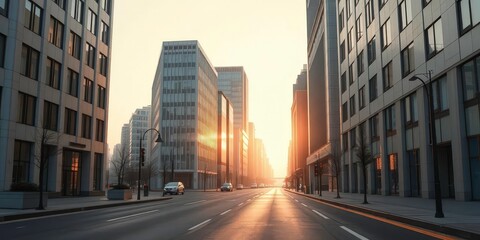 Quiet dawn light bathes a minimalist city street, sleek buildings reflecting the pale sky, simple, atmosphere