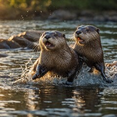 A playful pair of otters in a marshy field near a small pond. A pair of otters playfully sliding down a riverbank Two playful otters splashing in water with a toy, enjoying their environment.