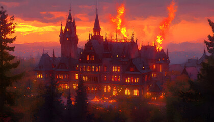 Naklejka premium Fiery Sunset Over a Haunted Mansion Surrounded by Dark Forest, Evoking Mystery and Intrigue