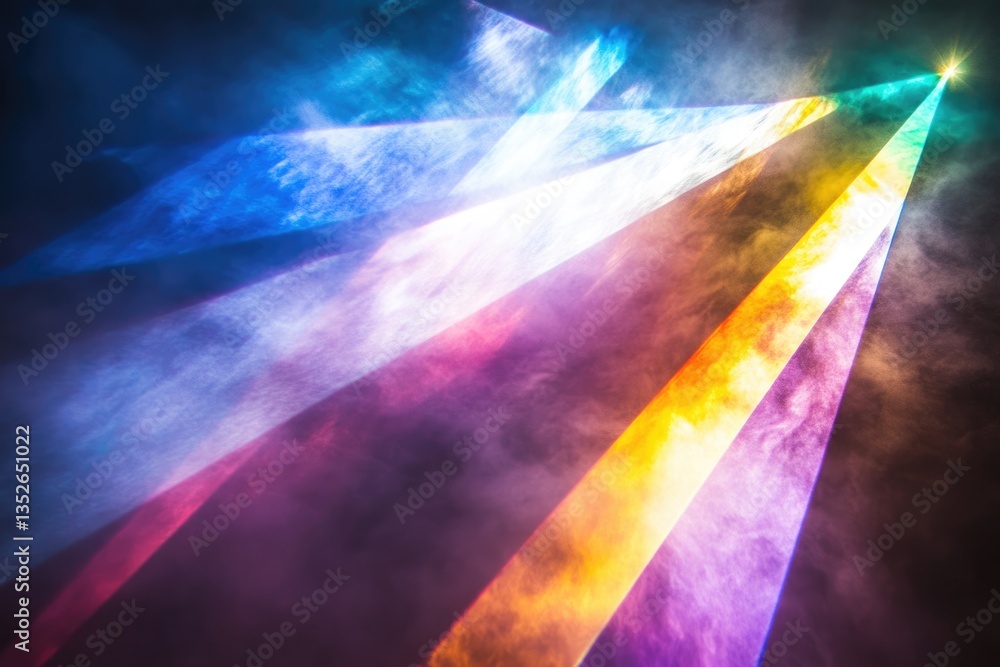 Aufkleber multicolored light beams intersect in smoky darkness, creating an abstract and vibrant visual.