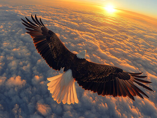  a bald eagle soaring through the sky at sunset, with the sun setting behind a sea of clouds and a vibrant orange and red sky.