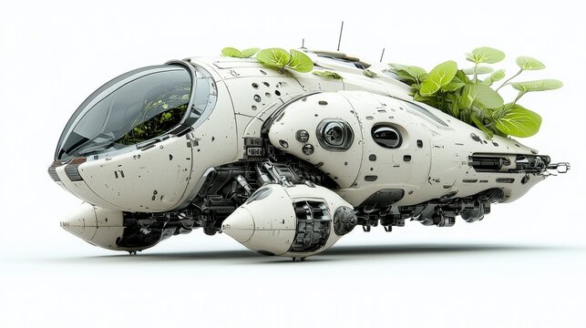 Futuristic White Spaceship with Green Plants