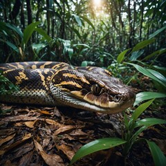 Fototapeta premium Bothrops Alcatraz Slithering Through Underbrush in Dynamic Wildlife Action Hidden in Plain Sight: Bothrops Snake Coiled Among Leaves, Poised for Ambush