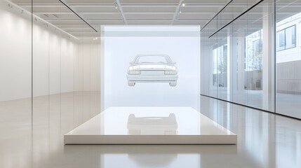 A floating transparent podium, appearing weightless in a minimalist white space