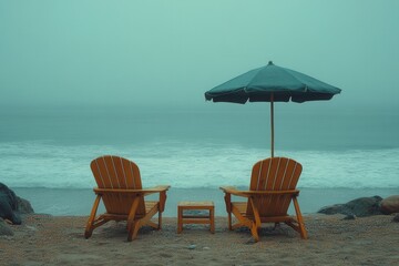 Chairs with umbrella on a misty beach overlooking gentle waves during early morning hours