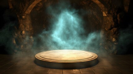 Obraz premium A podium surrounded by swirling mist, set in a mysterious dark cave