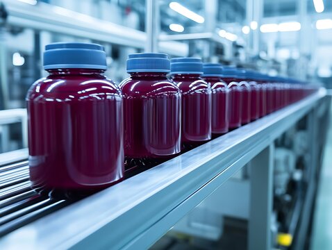 Numerous bottles of liquid are being transported on an assembly line