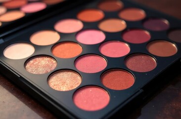 Close-up. Eyeshadow palette in pink shades.