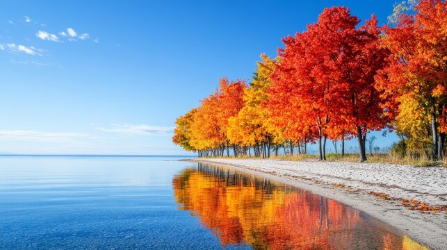 A row of colorful maple trees on the shore, reflecting in the clear water, with a clear sky and blue lake in the background.
