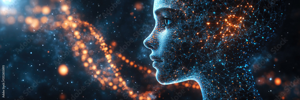 Poster futuristic female face with glowing data network and digital particles, artificial intelligence and 