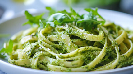 Fettuccine pasta coated in vibrant pesto sauce topped with fresh arugula sits enticingly in a rustic kitchen during daylight