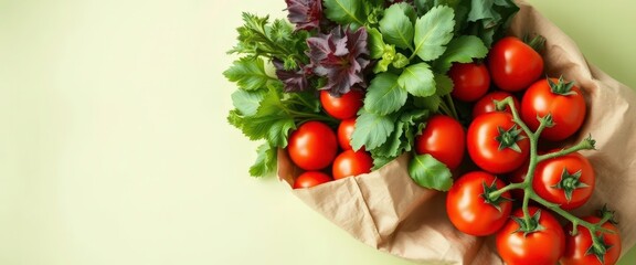 Rustic paper bag overflowing with vibrant organic greens and ripe tomatoes on a pale green backdrop,  vibrant, detail