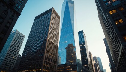 Fototapeta premium Manhattan office buildings, capturing dynamic architecture cityscape New York. Modern skyscrapers, business district, urban scene. Travel, finance, corporate, real estate, construction. Contemporary