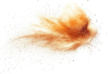 Brown powder explosion isolated on white background, displaying a dynamic burst of particles.