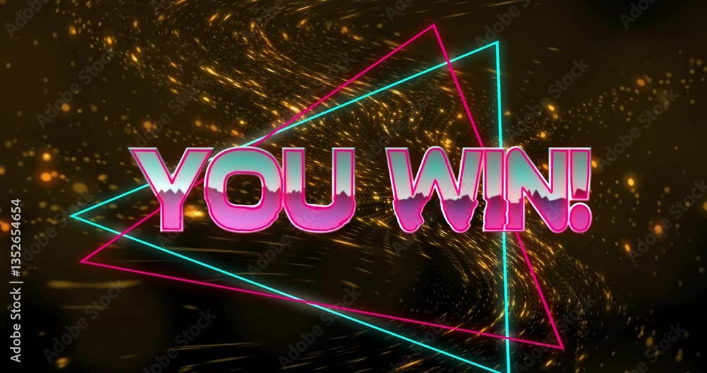 Poster animation of you win! text with neon triangles on sparkling golden background