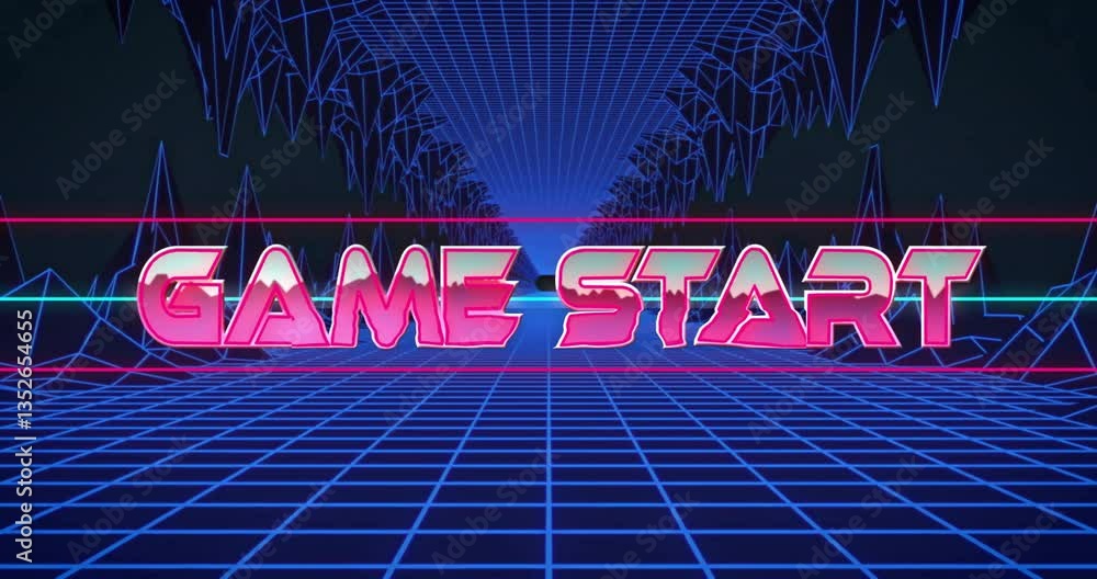 Poster animation of retro neon game start text over grid pattern with geometric shapes