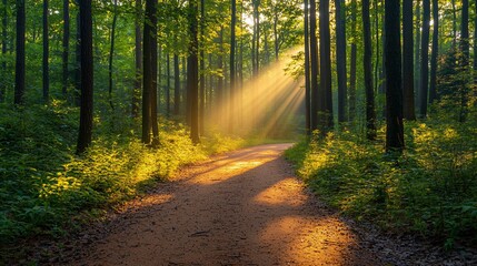 Obraz premium Sunbeams illuminate path through lush green forest.