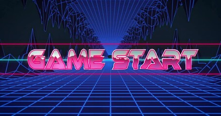 Animation of retro neon Game Start text over grid pattern with geometric shapes - Powered by Adobe