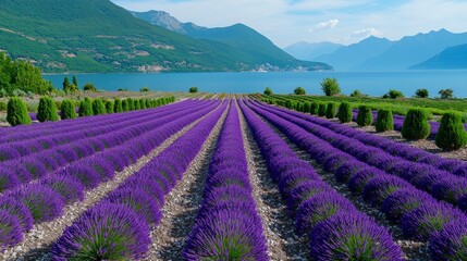 Obraz premium Lavender Fields by Mountain Lake Under Sunny Sky