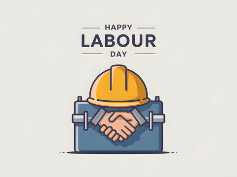 Happy Labour Day. Workers' Appreciation and Partnership. A flat, stylized illustration of a worker's hard hat and hands shaking, symbolizing appreciation and partnership on Labour Day.