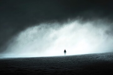 A lone figure stands silhouetted against a misty, ominous landscape, conveying a sense of isolation and mystery.