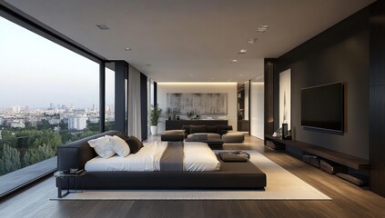 Fototapeta premium A modern bedroom with a panoramic city view and interior design